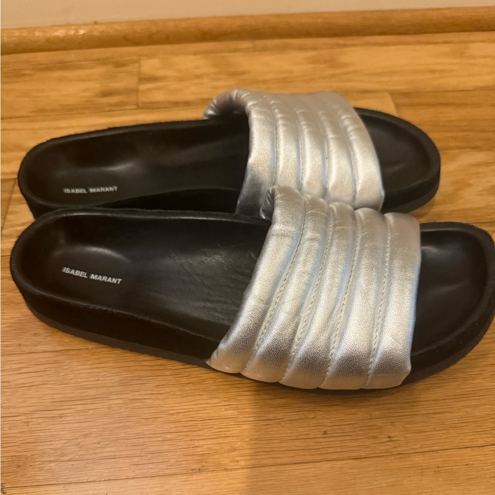 Isabel Marant Helea Slide Sandals Silver Quilted